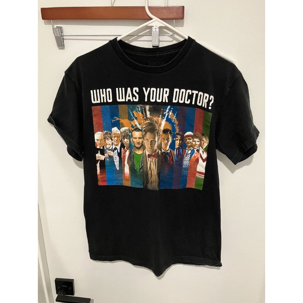 Dr. Who "Who Was Your Doctor?" Men's T-Shirt, Black, Medium